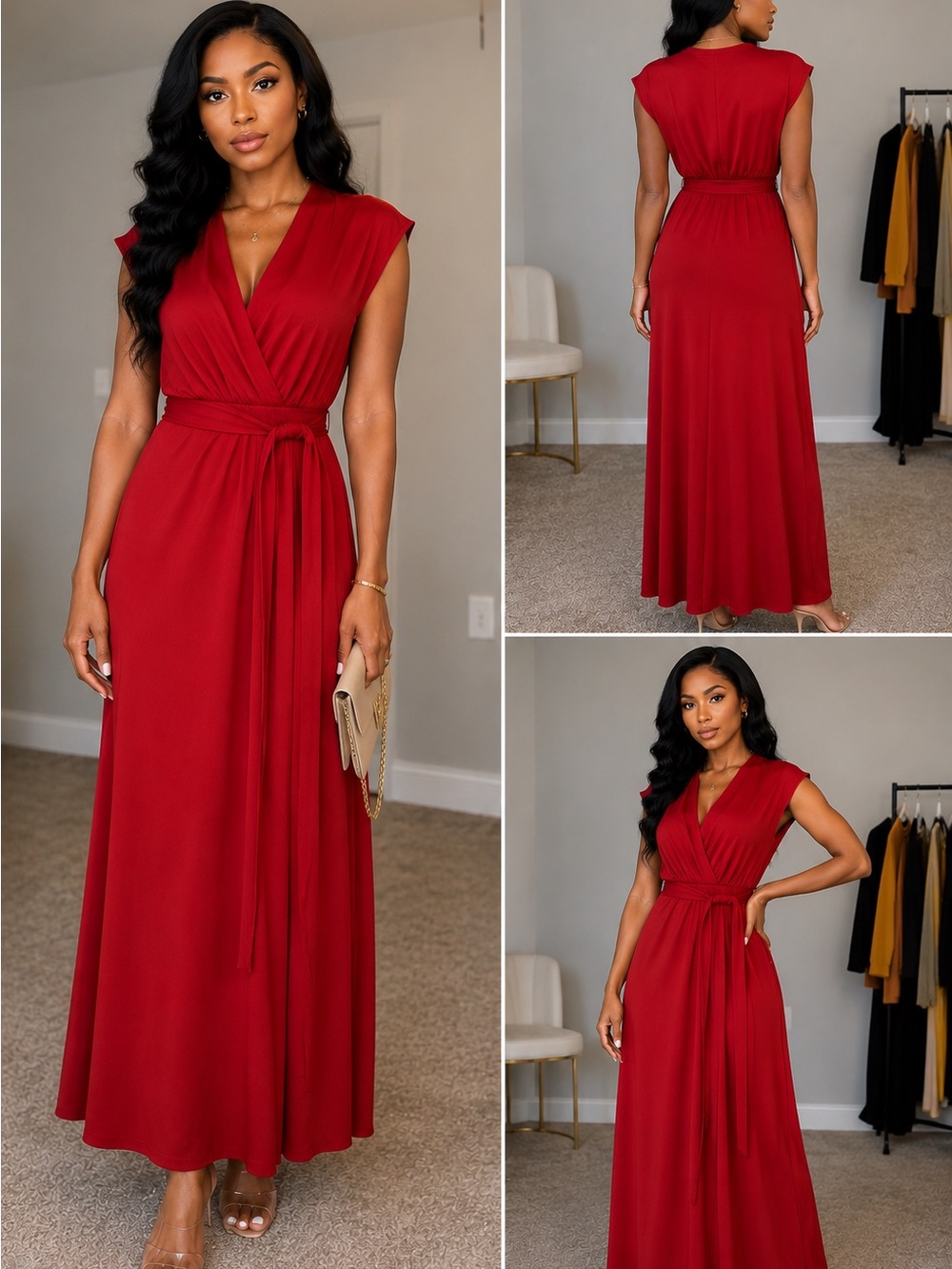 H&M Red Sleeveless Wrap Maxi Dress with Waist Tie